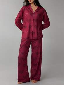 DAZY Women's Leopard Print Button-Up Top And Long Pants Pajama Set - Red - View 8