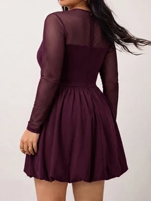 Enliva Plus Size Women's Solid Color Round Neck Long Sleeve Mesh Fashion Dress/Autumn /Winter Fall - Red Violet - View 2