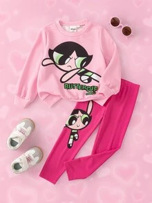 THE POWERPUFF GIRLS X SHEIN 女童圓領長袖運動衫與長褲套裝 - 彩色 - 查看 1