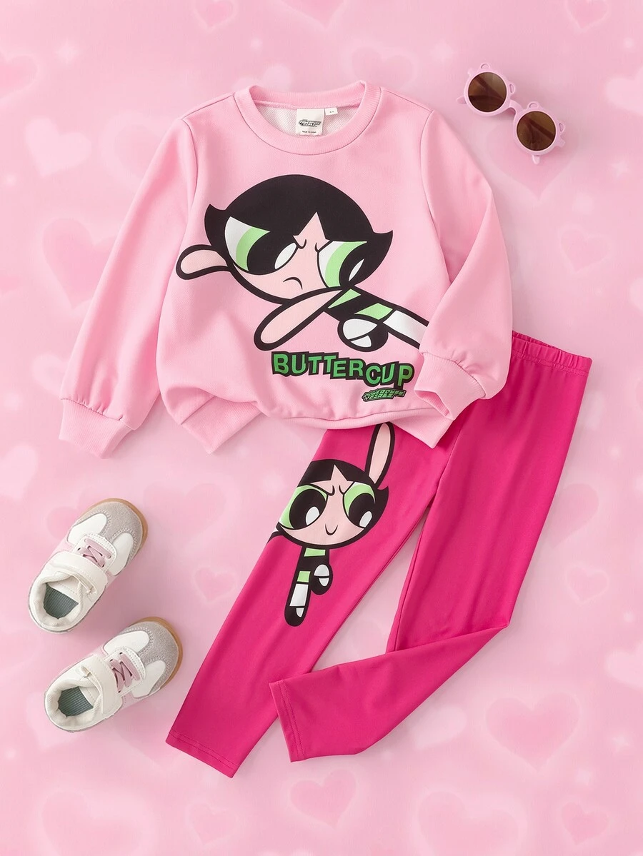 THE POWERPUFF GIRLS X SHEIN 女童圓領長袖運動衫與長褲套裝 - 彩色 - 查看 1