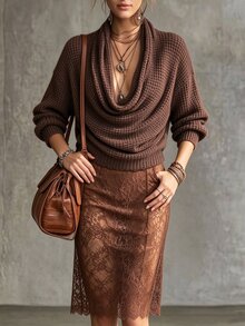 SHEIN Holidaya كنزة نسائية بلون موحد وياقة كول وكتف منسدل وأكمام طويلة، موضة خريف/شتاء - بني - مشاهدة 7