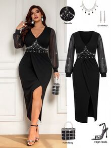 Femmeverse Plus Size Women's Waist-Cinching Beaded Asymmetrical Hemline Contrast Mesh Lightweight Dress - Black - View 5