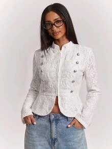 SHEIN BAE Áo khoác nữ tay dài khóa kéo phong cách thường ngày đa năng dùng đi du lịch hàng ngày - Màu be - Xem 6