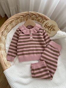 SHEIN Baby Girl Casual Comfortable Daily Versatile Cute Knitted Striped Autumn Top And Pants 2-Piece Set - Pink - View 3