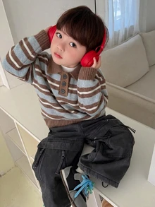 DAZY 男嬰圓領條紋長袖毛衣 秋季款 - 棕色 - 查看 6