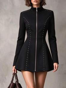Balvessa Women's Autumn/Winter Long Sleeve Zipper Front Casual Wool Blend Jacket - Black - View 9