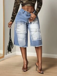 BamGleam Women's Button Fashion Frayed Hem Loose Fit Cropped Denim Pants - Light Wash - View 1