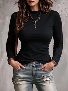 Linhara Plus Size Women's Autumn Daily Elegant Lace Decor, Tie Neck Design, Long Sleeve T-Shirt Top Suitable For Daily Commute, Party, Casual Occasions And More - Black - View 4