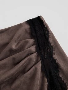 Sweetra Chân váy midi xẻ tà phối ren phong cách thanh lịch gợi cảm size lớn màu nâu cho tiệc tối và sinh nhật - màu nâu - Xem 6
