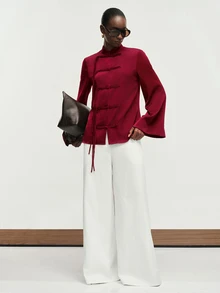 Aveloria Modichic Light Luxury Burgundy Acetate Satin New Chinese Style Jacket, Handmade One-Character Frog Button & Tassel Design, Stand Collar, Long Sleeve, Tang Suit, Daily, Banquet, Commute, National Style Top - Burgundy - View 2