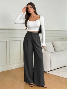 SHEIN Tall 女款黑色高腰寬腿長褲，優雅商務休閒工作西裝褲，高挑百搭純色秋冬款老錢風正裝褲 - 灰色 - 查看 8