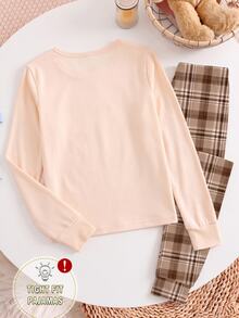 Tween Girls Pajamas Autumn/Winter New Plaid Bow Print Knit High Elastic Round Neck Top And All-Over Plaid Slim Fit Long Pants 2 Pieces Set Loungewear 1Set Snug Fit - Apricot - View 2