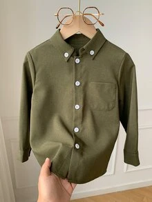 SHEIN 男童橄欖綠工裝襯衫，時尚開襟多功能實用上衣，長袖休閒全開扣單口袋襯衫，輕量純色短袖領襯衫，時尚夏季日常穿搭，春秋男童服飾，適合生日派對、旅行、聚會 - 橄欖綠 - 查看 7