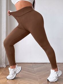 SHEIN EZwear 大尺碼女款純色休閒百搭日常穿著緊身內搭褲 - 咖啡棕 - 查看 5