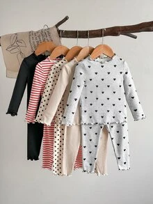 SHEIN LMoss Kids 女嬰針織純色波點條紋愛心圖案荷葉邊飾T恤與長褲10件套 - 杏色 - 查看 6