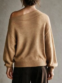 LUMIGAL Women's Asymmetric Shoulder 3D Bow Decor Long Sleeve Sweater Thanksgiving Dinner Everyday Camel Cute Elegant - Camel - View 2