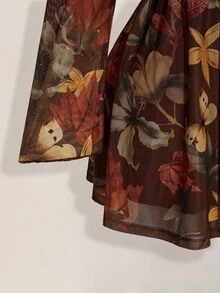SHEIN ICON 大尺碼 Y2K 楓葉印花網紗長袖洋裝，復古休閒修身連身裙，適合春季與秋季 - 棕色 - 查看 8