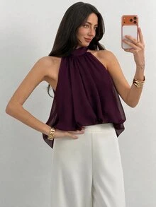 Aloruh 女款立領酒紅色無袖短版優雅上衣，百搭夏季派對夜晚海灘度假波希米亞熱帶風情人節返校穿搭 - 紫色 - 查看 5