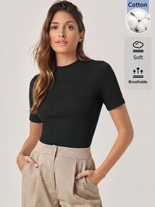 SHEIN BASICS 女款圓領短袖休閒百搭T恤 - 黑色 - 查看 6