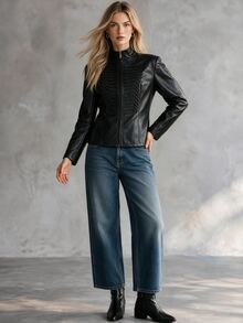Trelyra European And American Style Autumn/Winter New Fashion Versatile PU Leather Elegant Commuter Metal Zipper & Embroidery Decor Design Leather Jacket - Black - View 10