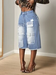 BamGleam Women's Button Fashion Frayed Hem Loose Fit Cropped Denim Pants - Light Wash - View 4