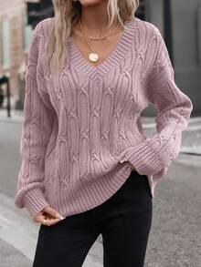 SHEIN LUNE Cable Knit Drop Shoulder Sweater In Fall/Winter,Casual - Pink - View 5