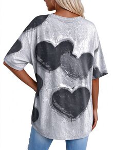 SHEIN LUNE Plus Size Women's Minimalist Heart Pattern Print V-Neck Top, Casual Daily T-Shirt - Multicolor - View 2