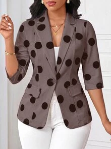 SHEIN Lady Women's Elegant Smart Casual Commute Office Polka Dot Print Blazer - Mocha Brown - View 3