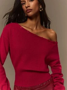 TypaGal Fall Winter Y2k Sexy Going Out Basic Chic Party Halloween Luxury Red Christmas Women's Asymmetrical Shoulder Long Sleeve Button Design Sweater - Burgundy - View 5