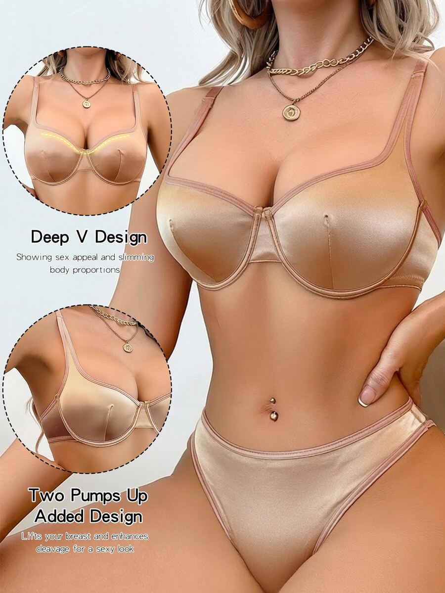 SHEIN 女款拼色可調節肩帶內衣與三角內褲內衣套裝 - 乾枯玫瑰色 - 查看 1