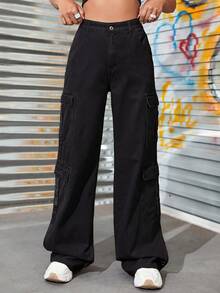 SHEIN EZwear 女款夏季拉鍊門襟翻蓋口袋工裝牛仔褲 - 黑色 - 查看 3