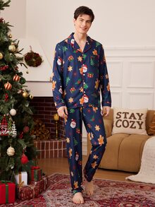 CoupledUp Vintage Santa Claus Gingerbread Man Snowflake Print Boys' Collared Long Sleeve Pajamas Loose Fit Loungewear - Blue - View 5