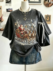 Collagica Collagica 大尺碼女款字母貓咪印花落肩休閒格蘭奇鄉村風圓領寬鬆版型T恤，萬聖節演唱會外出穿搭，凱莉綠，夏季 - 深灰色 - 查看 1