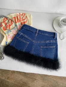 Elamini Women's Plush Patchwork Fashion Versatile Denim Mini Skirt - Blue - View 7