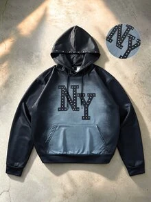ROMWE MEN Sweatshirt Hoodie Unisex Gaya Jalanan Amerika dengan Cetakan Digital Huruf NY, Efek Usang, Gradien Warna Tembaga Vintage, dan Desain Foil Tembaga. - Hitam - View 1
