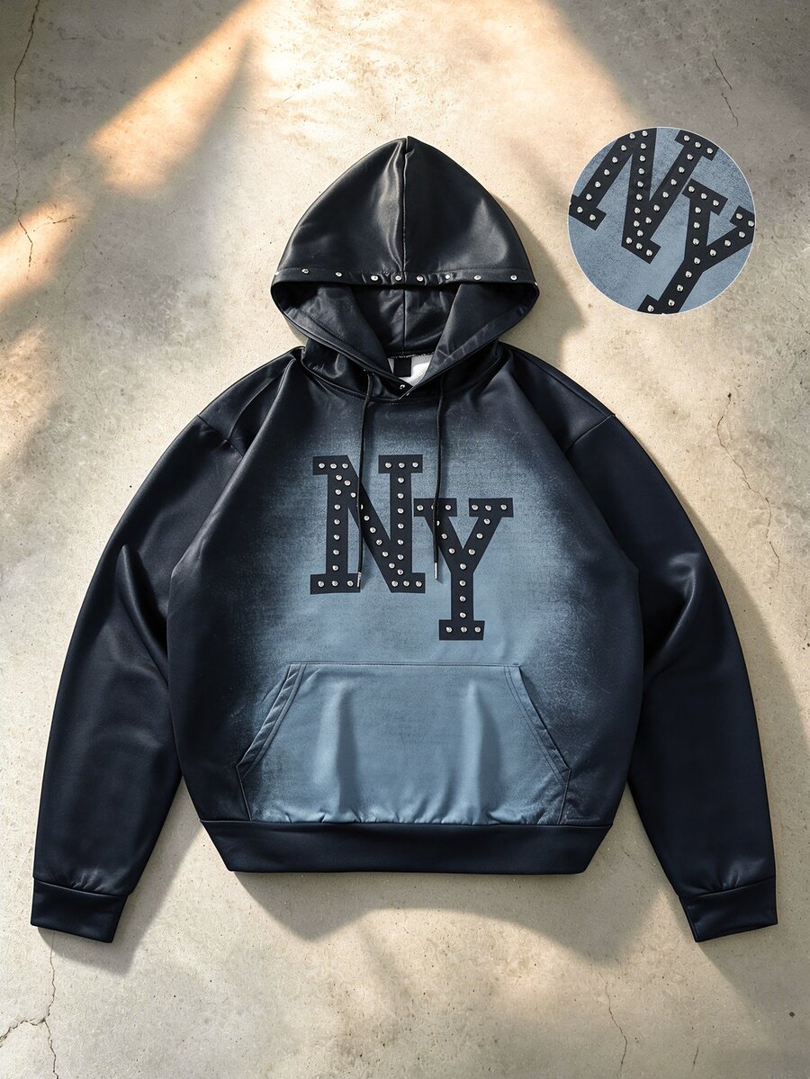 ROMWE MEN Sweatshirt Hoodie Unisex Gaya Jalanan Amerika dengan Cetakan Digital Huruf NY, Efek Usang, Gradien Warna Tembaga Vintage, dan Desain Foil Tembaga. - Hitam - View 1