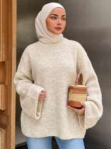 DAZY Women's Loose Casual Round Neck Long Sleeve Dropped Shoulder Solid Coffee Color Slouchy Sweater, Autumn/Winter - Beige - View 5