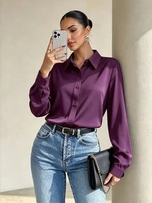 Structelle 女款純色鈕扣前襟長袖襯衫，秋季長袖上衣 - 中紫紅色 - 查看 1