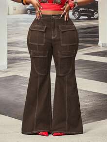Slaydiva Plus Size Women's Slightly Stretchy Denim Jeans Cowboy Outfits For Women - Coffee Brown - View 5