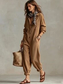 Breezaya Women's Solid Color Collared Button Pocket Design Elegant Casual Vacation Daily Easy-To-Match Long Sleeve Jumpsuit, New For Autumn, Winter, Spring - Brown - View 6