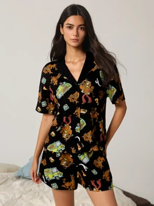 SCOOBY-DOO X SHEIN Women's V-Neck Short Sleeve Single-Breasted Top And Shorts Pajama Set - Black - View 3