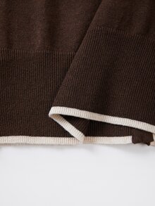 SHEIN Franclia Women Contrast Trim V Neck Knit Cardigan & Drawstring Wide Leg Pants 2 Pieces Outfit - Brown - View 8