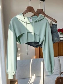 SHEIN EZwear 抽繩細節超短版連帽衛衣－黑白配色，秋冬長袖上衣 - 薄荷綠 - 查看 4