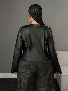 Maweii Plus Size Women's Autumn/Winter Black Rivet Short Leather Jacket, Stand Collar Front Zipper Split Long Sleeve Cinched Waist Slim Fit Sexy Short Leather Coat - Black - View 2