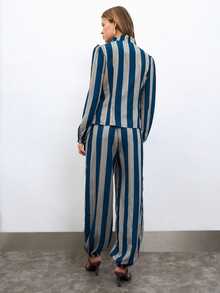 Nöista Women's Button Ruffle Trim Blouse And Striped Contrast Color Tapered Long Pants Set - Dusty Blue - View 6