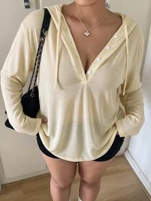 Vibekara 休閒優雅極簡風連帽寬鬆顯瘦套頭內搭T恤，大尺碼女款，秋冬灰色 - 杏色 - 查看 5