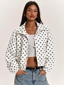 SHEIN BAE Women's Casual Street White Polka Dot Frog Button Design Zipper Tapered Jacket - White - View 6