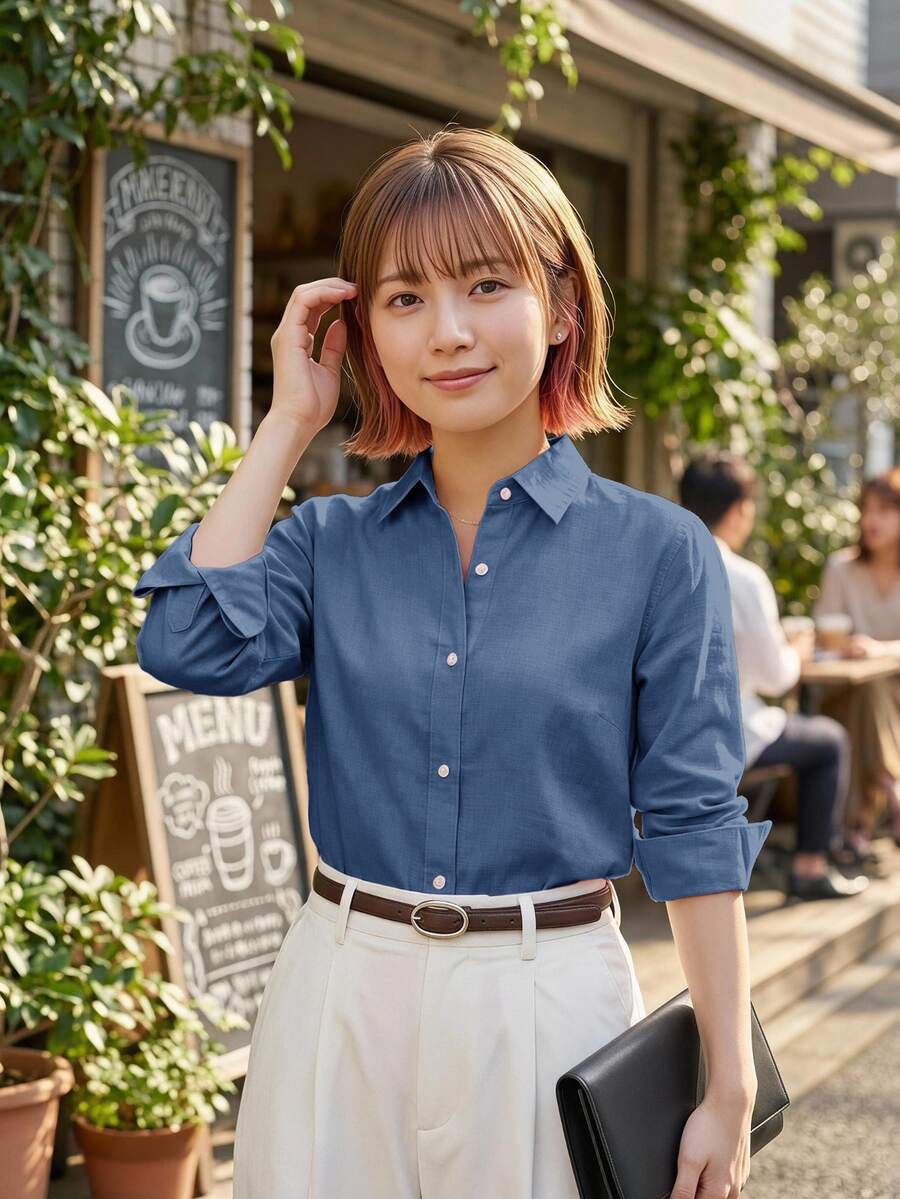 BizChic 女款素色休閒百搭日常穿著襯衫 - 藍色 - 查看 1