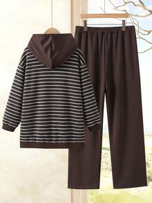 Rusticease Plus Size Women's Striped Zip-Up Hooded Jacket And Pants Casual 2 Pieces Set - Brown - View 2