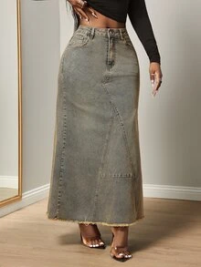 Slaydiva Women's Outdoor All-Season Long Frayed Distressed Vintage Retro Blue Denim Skirt - Medium Wash - View 4